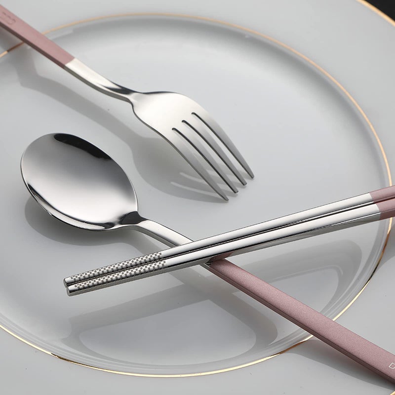 DEVICO Travel Utensils, 18/8 Stainless Steel 4pcs Cutlery Set Portable Camp Reusable Flatware Silverware, Include Fork Spoon Chopsticks with Case (Pink) - Image 4